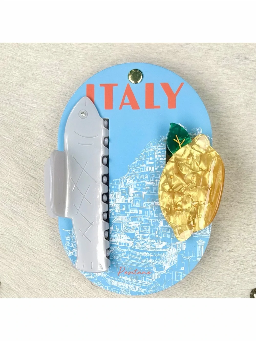 Italy Theme Hair Clip Set 2-pc Anchovy + Lemon Acrylic Italian Novelty Gift Y2K